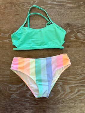 Girls SHEIN 2 piece rainbow teal striped bathing suit swimsuit size 9Y